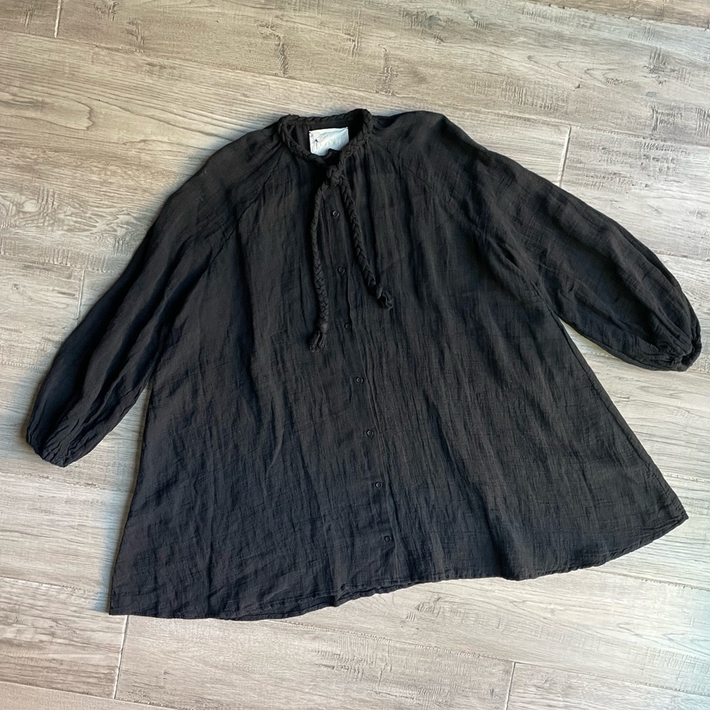 Manebi Oversized Crinkle Linen Blend Black Button-Up Blouse Braided Neck Tie M/L